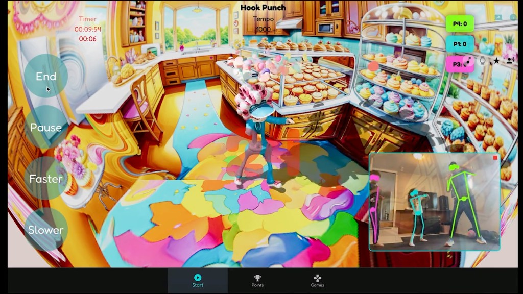 BounceKids gameplay with motion tracking — kids playing Hook Punch in a kitchen adventure world